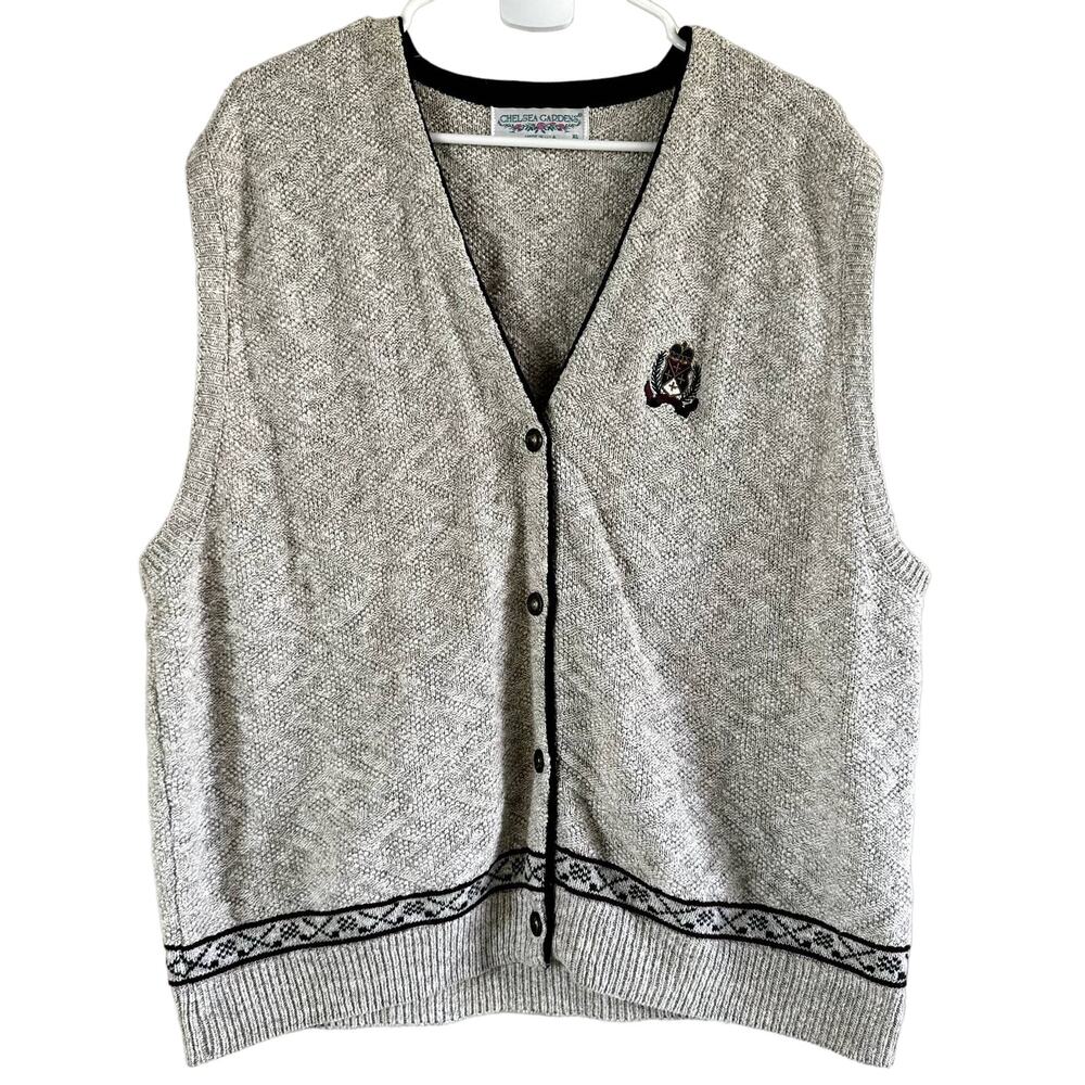 Vintage Chelsea Gardens Button Up Knit Vest Embroidered Logo V Neck Gray XL